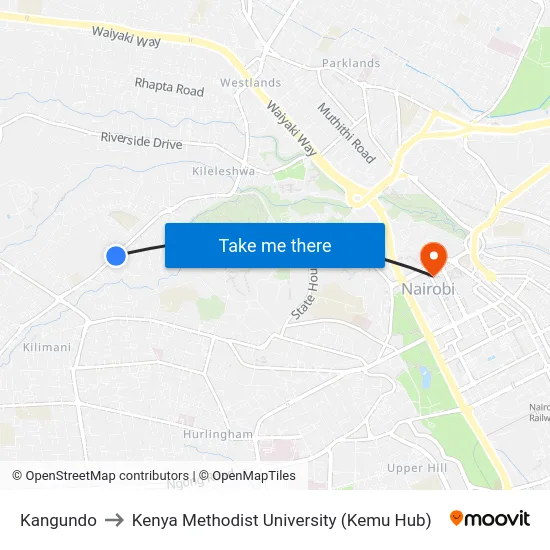 Kangundo to Kenya Methodist University (Kemu Hub) map