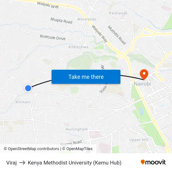 Viraj to Kenya Methodist University (Kemu Hub) map