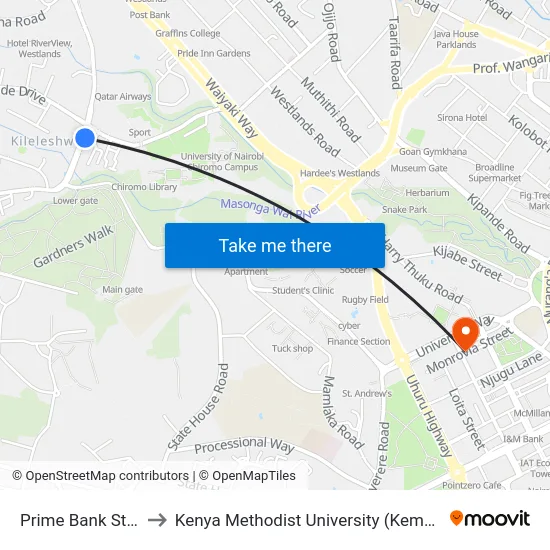 Prime Bank Stage to Kenya Methodist University (Kemu Hub) map