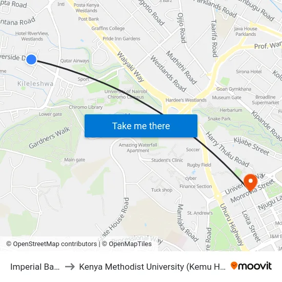 Imperial Bank to Kenya Methodist University (Kemu Hub) map