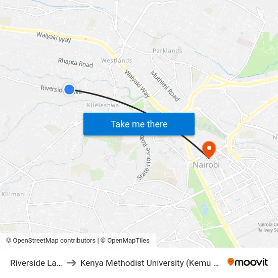Riverside Lane to Kenya Methodist University (Kemu Hub) map