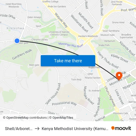 Shell/Arboretum to Kenya Methodist University (Kemu Hub) map