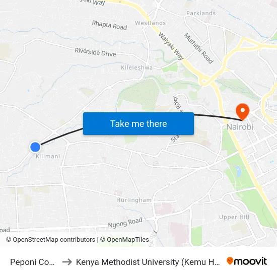 Peponi Court to Kenya Methodist University (Kemu Hub) map