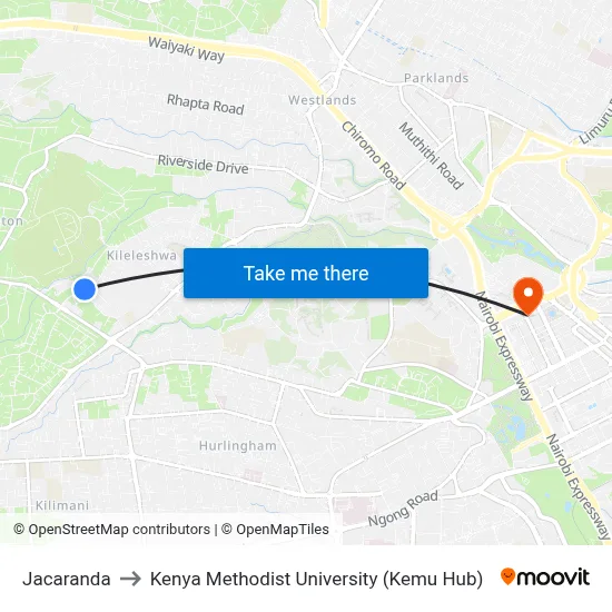 Jacaranda to Kenya Methodist University (Kemu Hub) map
