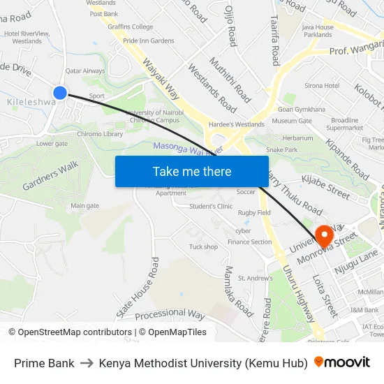 Prime Bank to Kenya Methodist University (Kemu Hub) map