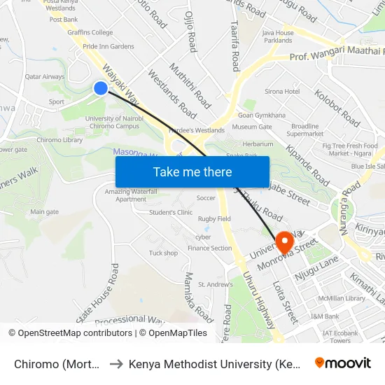 Chiromo (Mortuary) to Kenya Methodist University (Kemu Hub) map