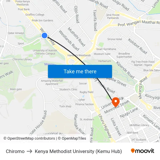 Chiromo to Kenya Methodist University (Kemu Hub) map