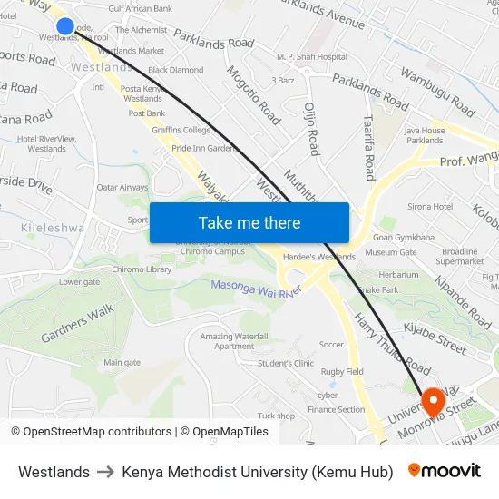 Westlands to Kenya Methodist University (Kemu Hub) map