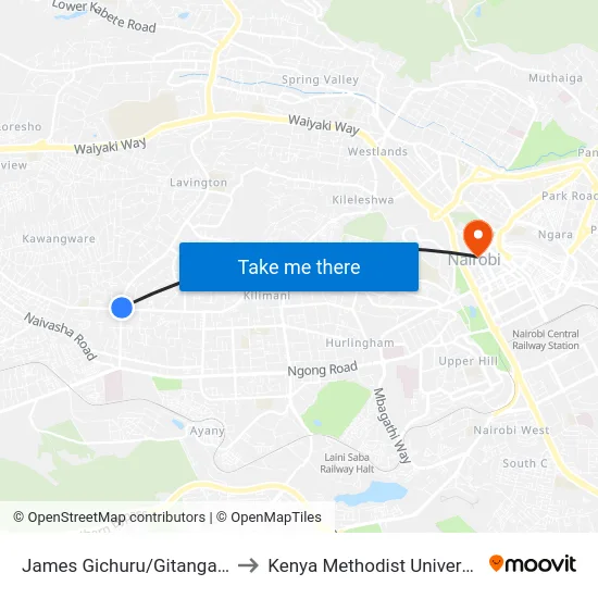 James Gichuru/Gitanga Road Junction to Kenya Methodist University (Kemu Hub) map