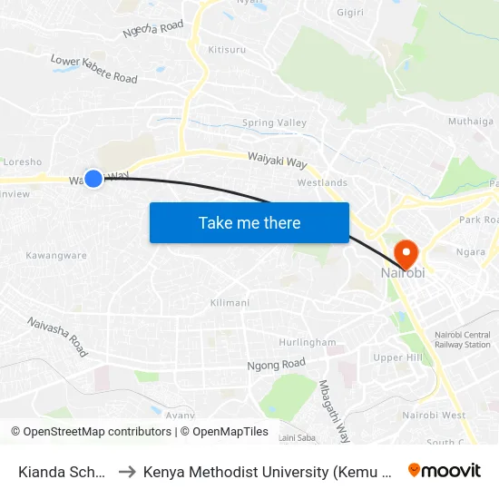 Kianda School to Kenya Methodist University (Kemu Hub) map
