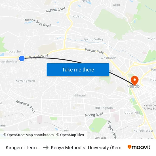 Kangemi Terminus to Kenya Methodist University (Kemu Hub) map