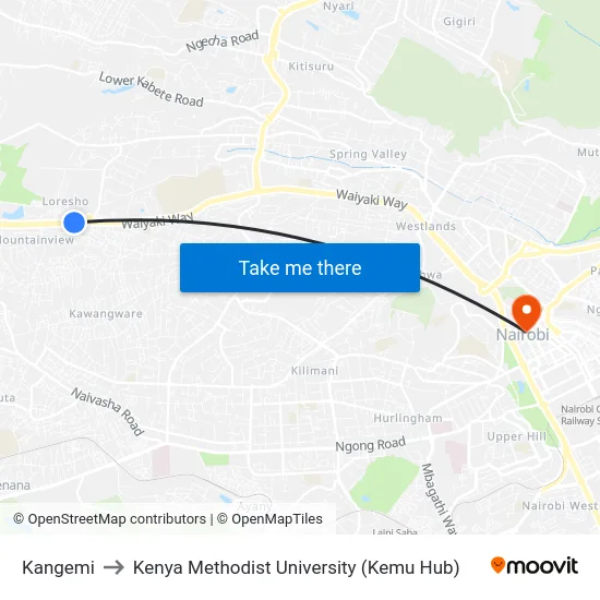 Kangemi to Kenya Methodist University (Kemu Hub) map