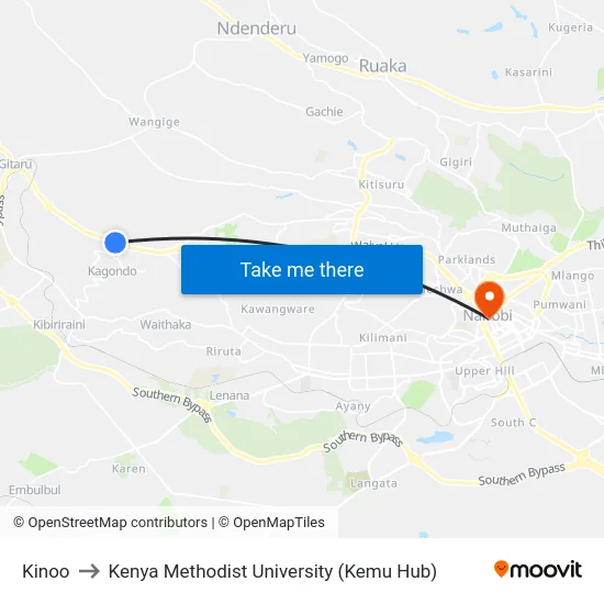 Kinoo to Kenya Methodist University (Kemu Hub) map