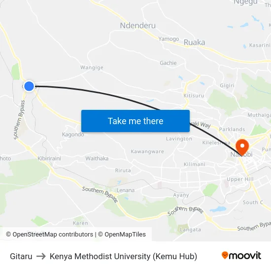 Gitaru to Kenya Methodist University (Kemu Hub) map
