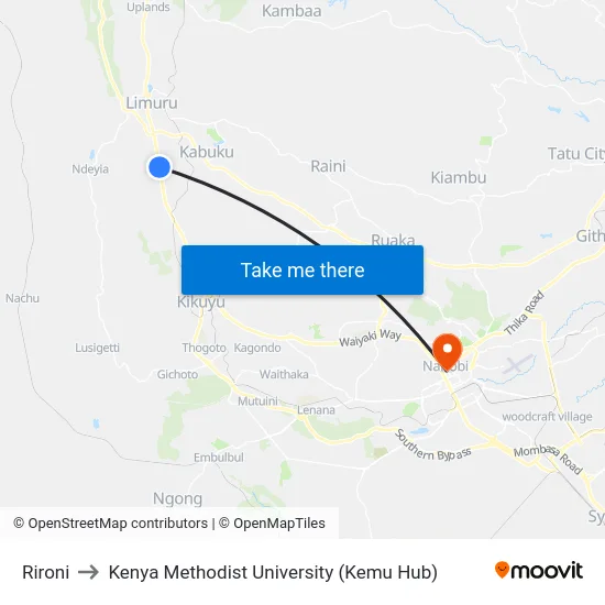 Rironi to Kenya Methodist University (Kemu Hub) map