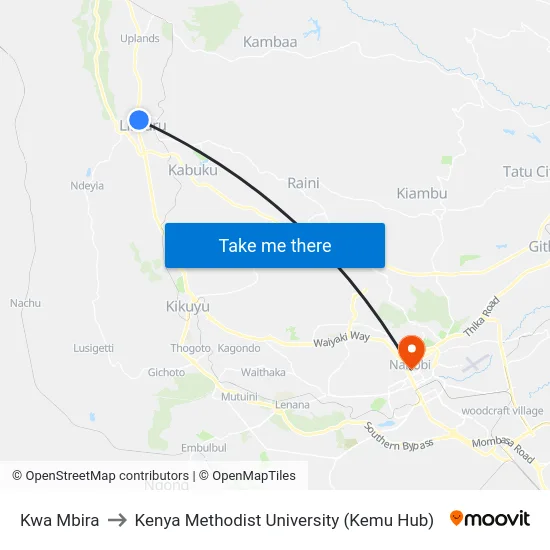 Kwa Mbira to Kenya Methodist University (Kemu Hub) map
