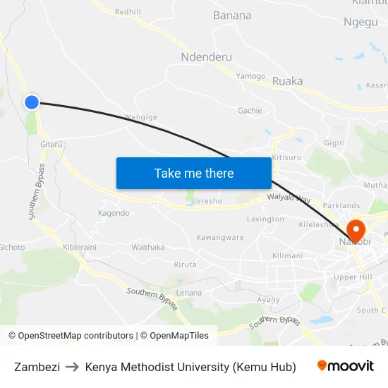 Zambezi to Kenya Methodist University (Kemu Hub) map