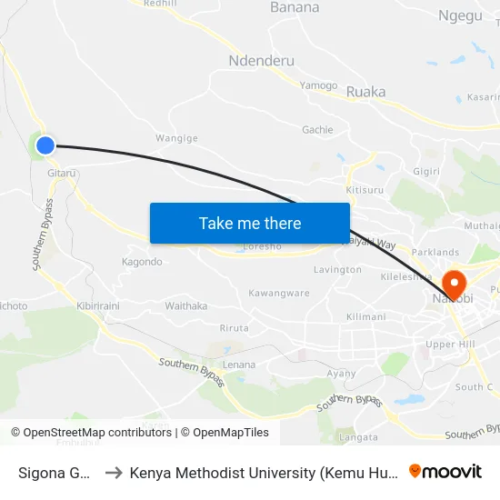 Sigona Golf to Kenya Methodist University (Kemu Hub) map