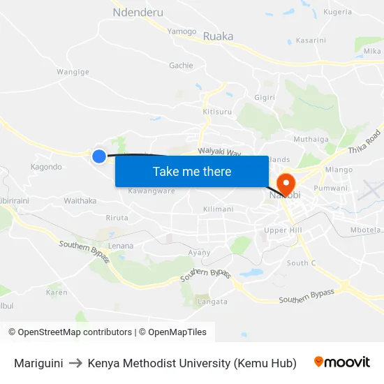 Mariguini to Kenya Methodist University (Kemu Hub) map