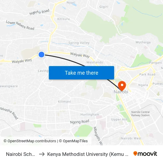 Nairobi School to Kenya Methodist University (Kemu Hub) map