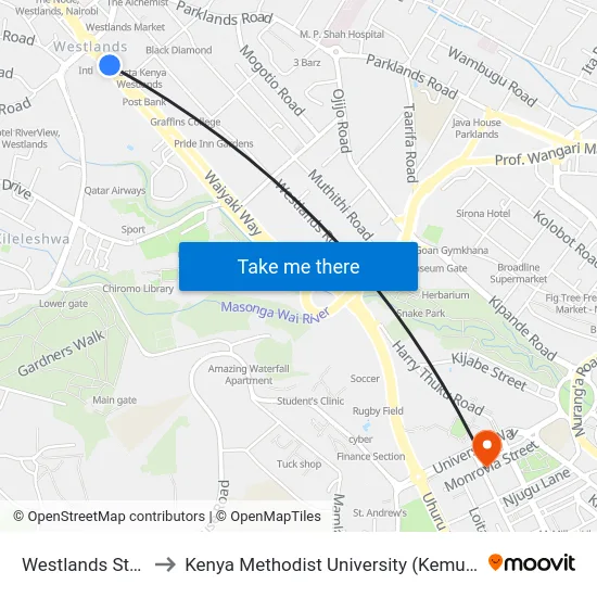 Westlands Stage to Kenya Methodist University (Kemu Hub) map