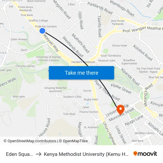 Eden Square to Kenya Methodist University (Kemu Hub) map