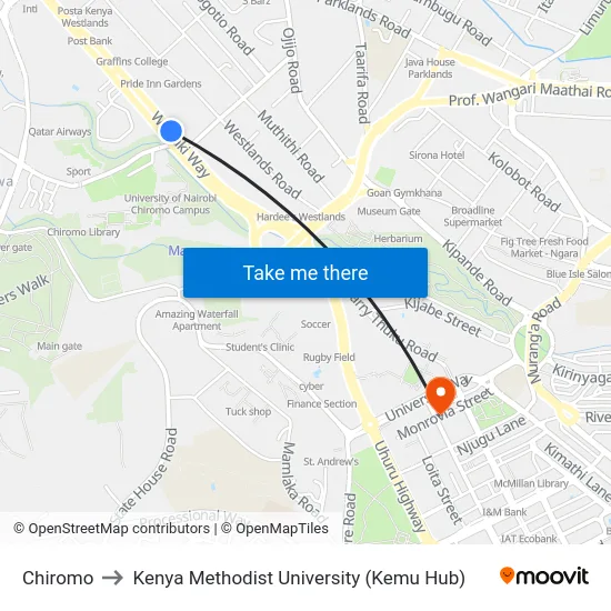 Chiromo to Kenya Methodist University (Kemu Hub) map