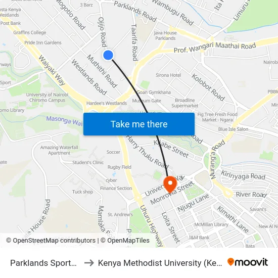 Parklands Sports Club to Kenya Methodist University (Kemu Hub) map