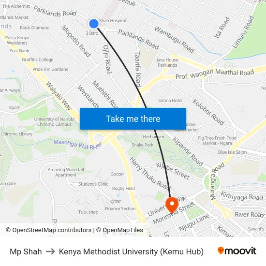 Mp Shah to Kenya Methodist University (Kemu Hub) map