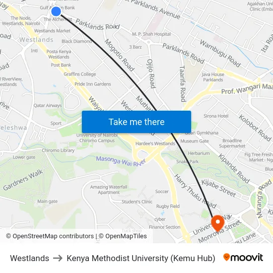 Westlands to Kenya Methodist University (Kemu Hub) map