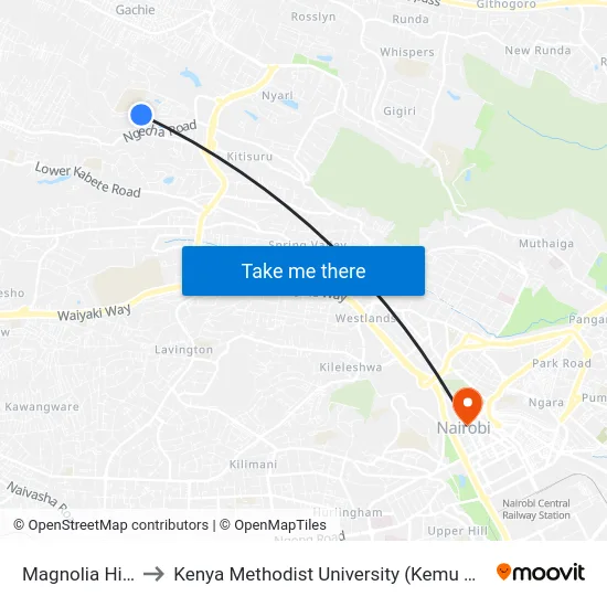Magnolia Hills to Kenya Methodist University (Kemu Hub) map