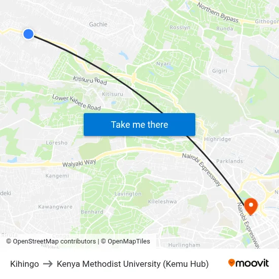Kihingo to Kenya Methodist University (Kemu Hub) map