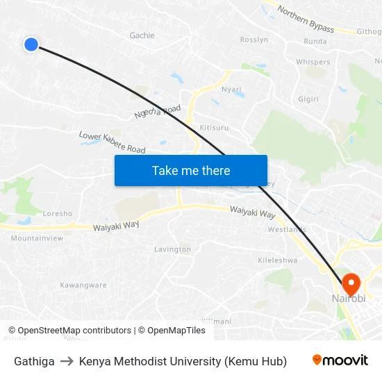 Gathiga to Kenya Methodist University (Kemu Hub) map