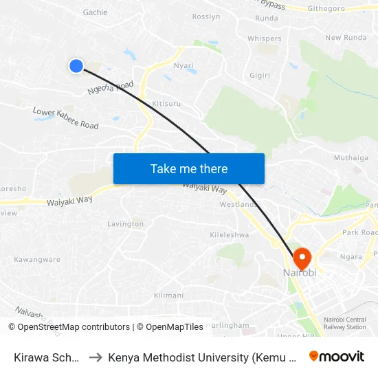 Kirawa School to Kenya Methodist University (Kemu Hub) map