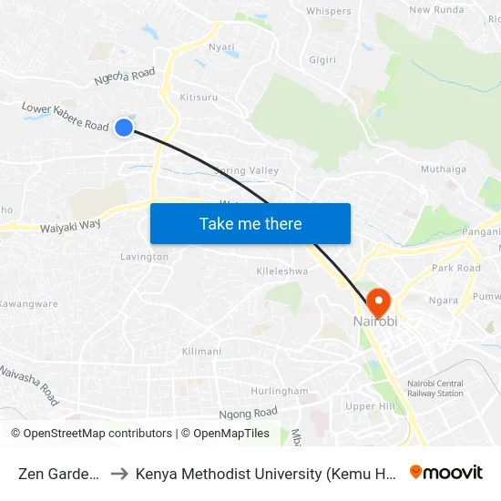 Zen Gardens to Kenya Methodist University (Kemu Hub) map