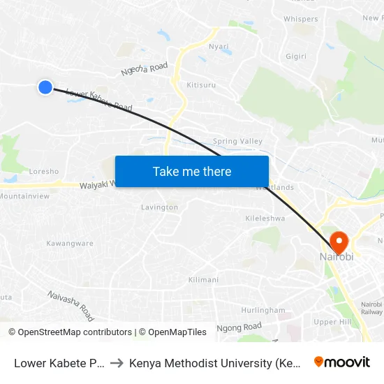 Lower Kabete Posta to Kenya Methodist University (Kemu Hub) map