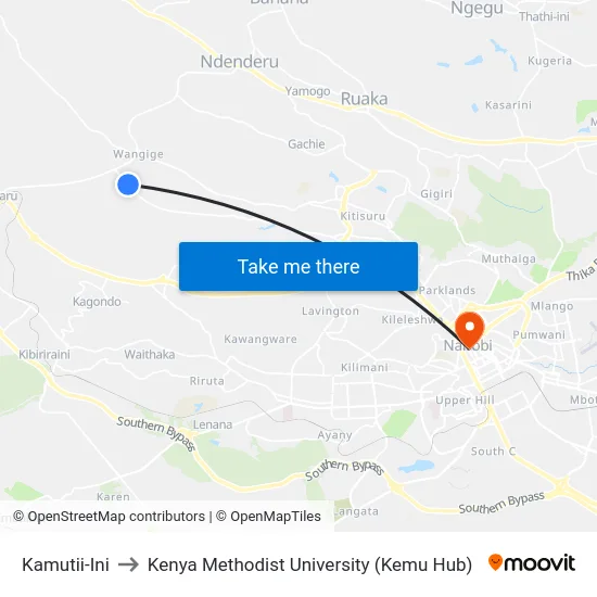 Kamutii-Ini to Kenya Methodist University (Kemu Hub) map