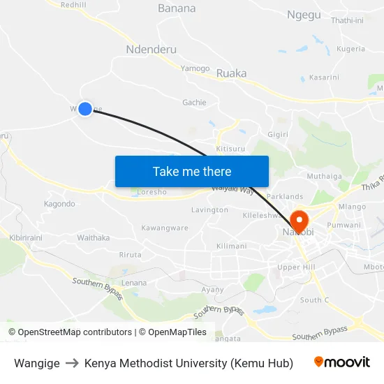 Wangige to Kenya Methodist University (Kemu Hub) map
