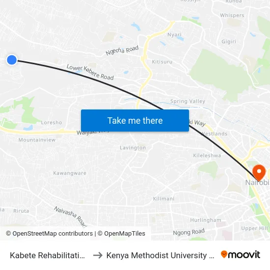 Kabete Rehabilitation Center to Kenya Methodist University (Kemu Hub) map