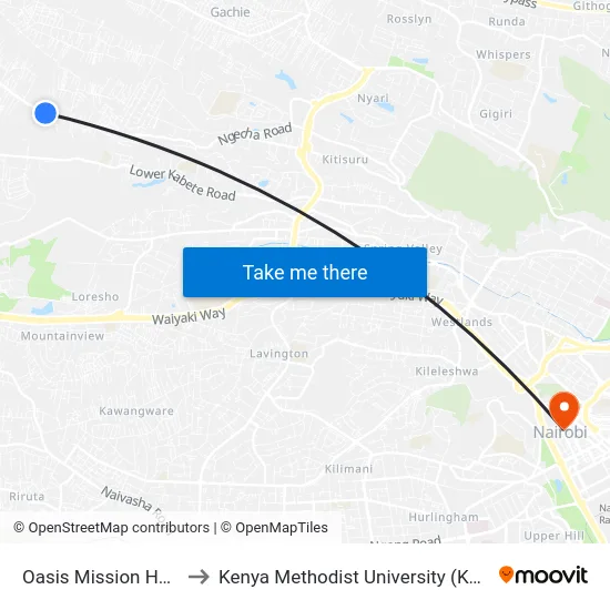 Oasis Mission Hospital to Kenya Methodist University (Kemu Hub) map
