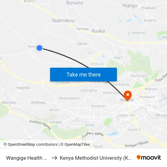 Wangige Health Centre to Kenya Methodist University (Kemu Hub) map