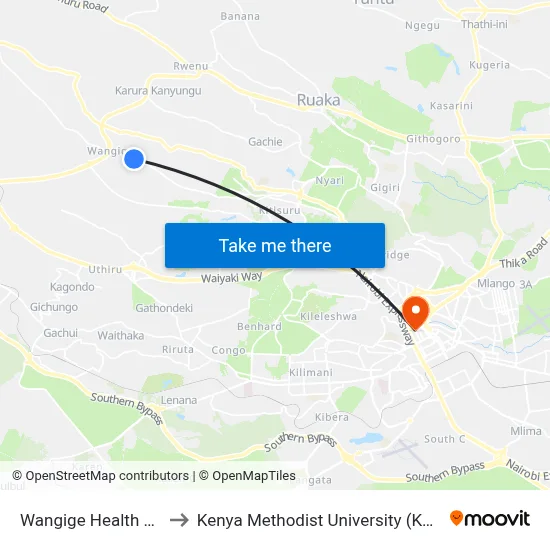 Wangige Health Centre to Kenya Methodist University (Kemu Hub) map