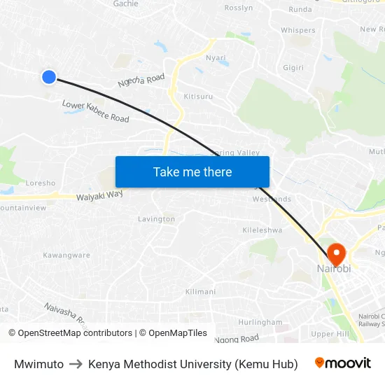 Mwimuto to Kenya Methodist University (Kemu Hub) map