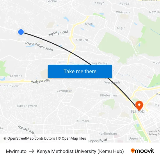 Mwimuto to Kenya Methodist University (Kemu Hub) map
