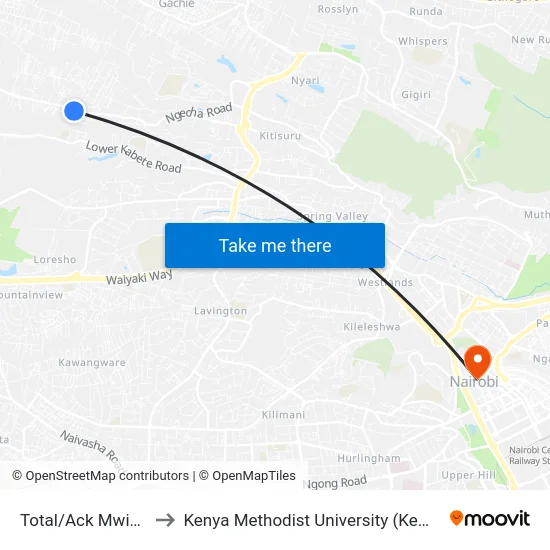 Total/Ack Mwimuto to Kenya Methodist University (Kemu Hub) map
