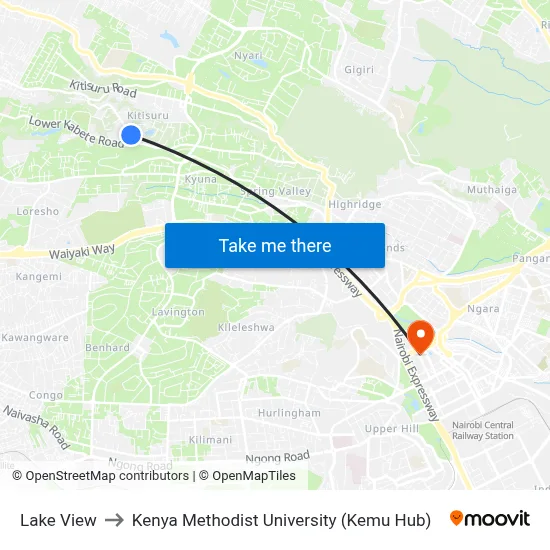 Lake View to Kenya Methodist University (Kemu Hub) map