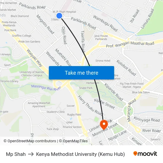 Mp Shah to Kenya Methodist University (Kemu Hub) map