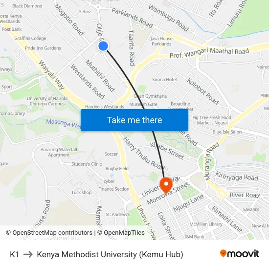 K1 to Kenya Methodist University (Kemu Hub) map