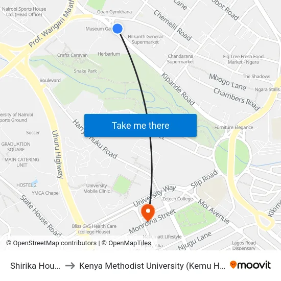 Shirika House to Kenya Methodist University (Kemu Hub) map