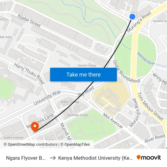 Ngara Flyover Bottom to Kenya Methodist University (Kemu Hub) map